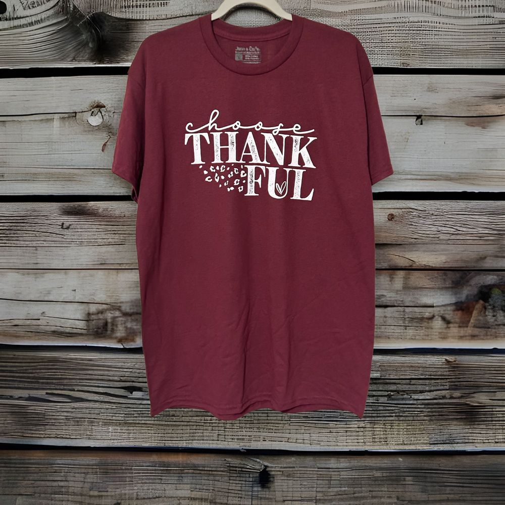 Choose Thankful T-shirt Burgundy Shirt White Leopard Print Size SMALL